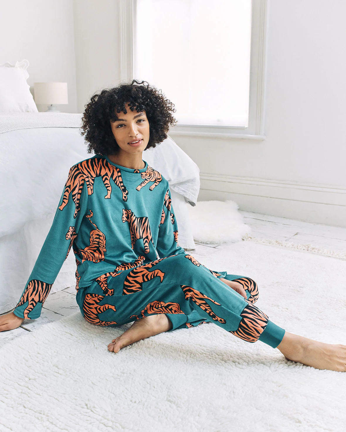Velour Tiger Print Lounge Crew & Jogger Set